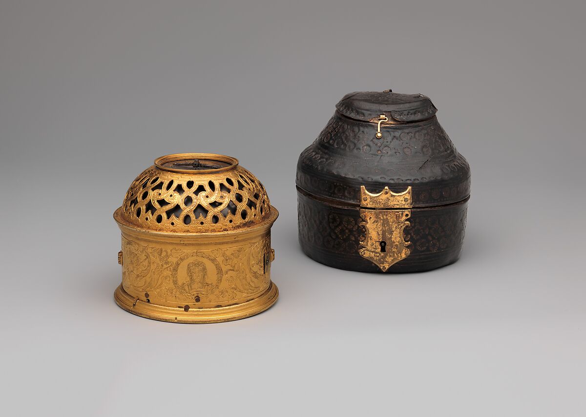 Table clock, Movement by Bartholomew Newsam (British, recorded 1565, died 1587), Case: engraved, chased, and gilded brass; dial: silver; movement: brass and steel, British, London