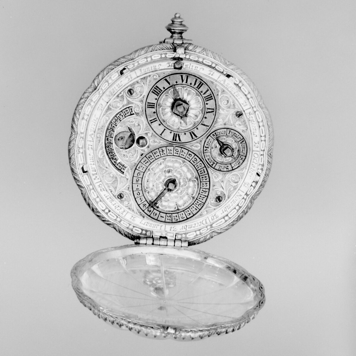 Watch, Watchmaker: David Buschman (German, 1626–1701), Case: rock crystal and gilded brass; Dial: gilded brass and silver, partly gilt; Movement: gilded brass and steel, partly blued, German, Augsburg