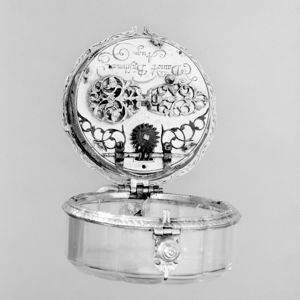 Watch, Watchmaker: David Buschman (German, 1626–1701), Case: rock crystal and gilded brass; Dial: gilded brass and silver, partly gilt; Movement: gilded brass and steel, partly blued, German, Augsburg