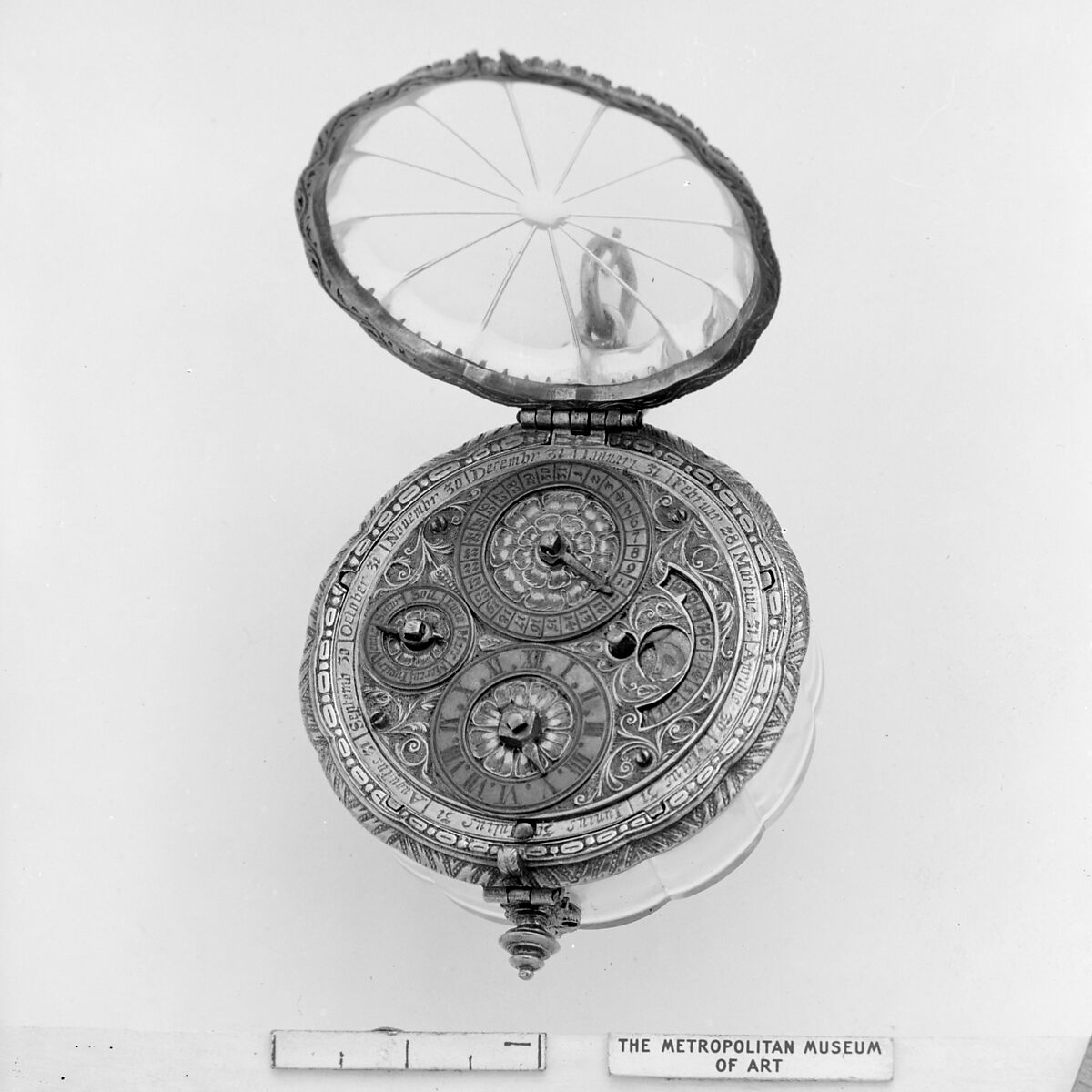 Watch, Watchmaker: David Buschman (German, 1626–1701), Case: rock crystal and gilded brass; Dial: gilded brass and silver, partly gilt; Movement: gilded brass and steel, partly blued, German, Augsburg