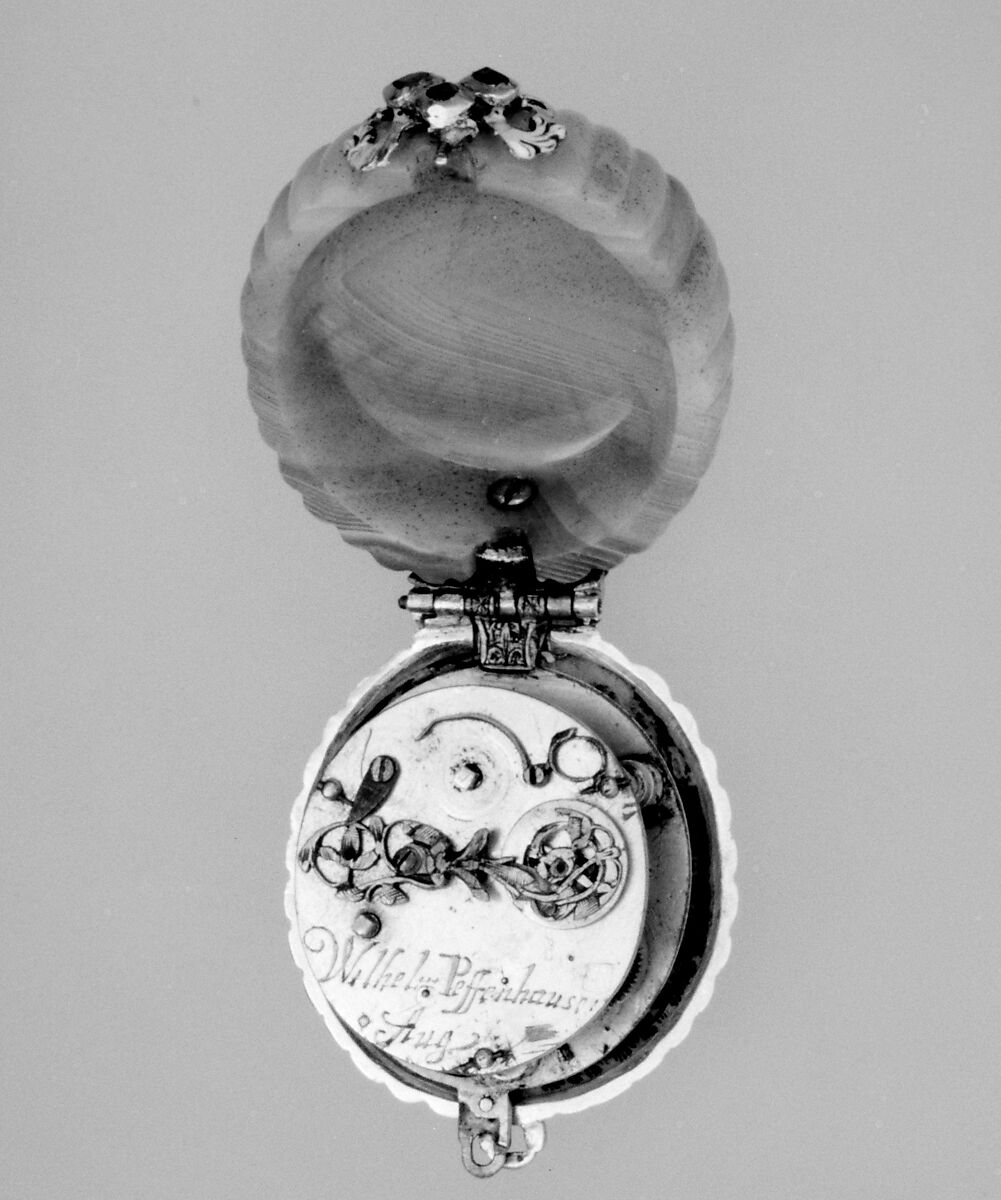Watch, Watchmaker: Wilhelm Peffenhauser (German, Augsburg, born 1618, master 1647, died before 1683), Case: agate, onyx cameo, with cover of enameled gold set with gemstones (rubies); Dial: engraved gold and silver; Movement: gilded brass and steel, partly blued, German, Augsburg