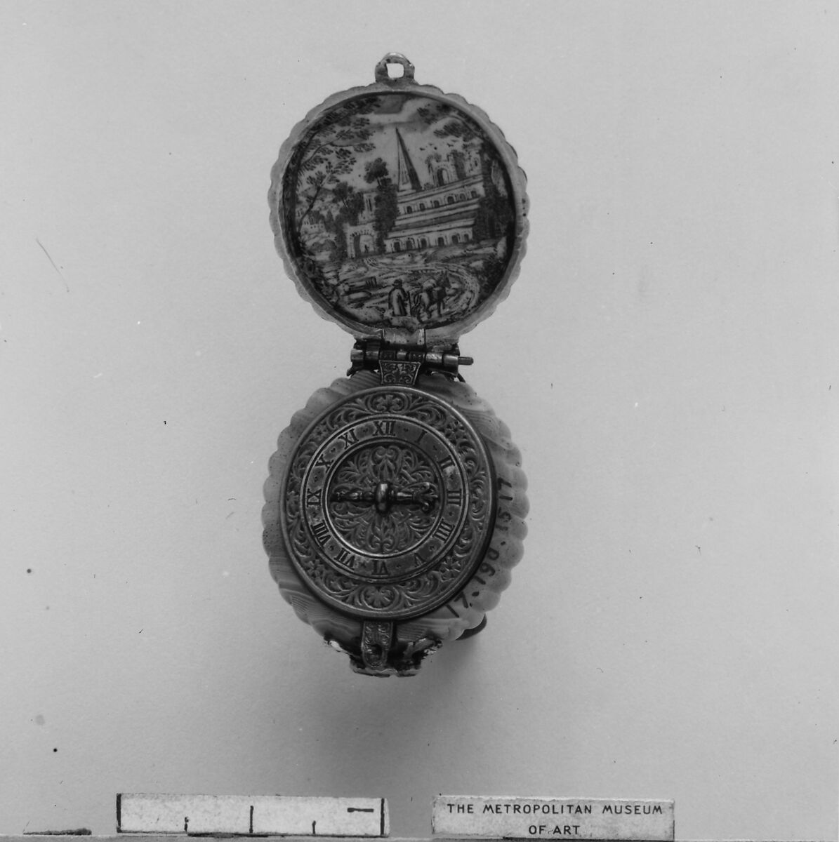 Watch, Watchmaker: Wilhelm Peffenhauser (German, Augsburg, born 1618, master 1647, died before 1683), Case: agate, onyx cameo, with cover of enameled gold set with gemstones (rubies); Dial: engraved gold and silver; Movement: gilded brass and steel, partly blued, German, Augsburg