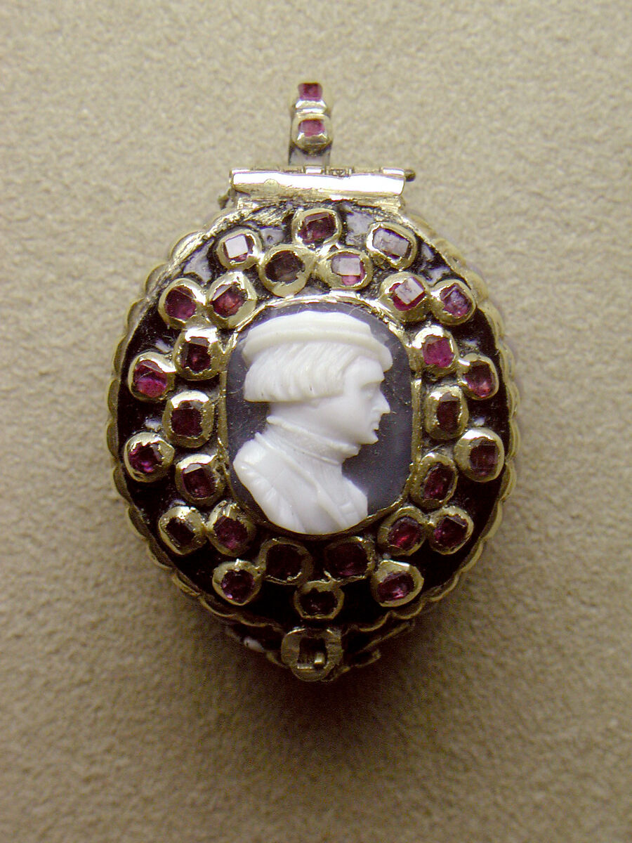 Watch, Watchmaker: Wilhelm Peffenhauser (German, Augsburg, born 1618, master 1647, died before 1683), Case: agate cameo, with cover of enameled gold set with gemstones (rubies); Dial: engraved gold and silver; Movement: gilded brass and steel, partly blued, German, Augsburg 