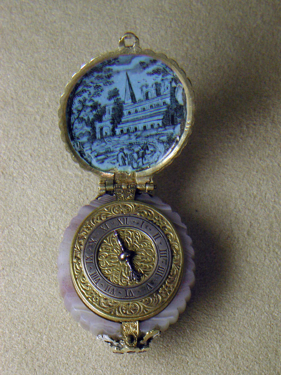Watch, Watchmaker: Wilhelm Peffenhauser (German, Augsburg, born 1618, master 1647, died before 1683), Case: agate, onyx cameo, with cover of enameled gold set with gemstones (rubies); Dial: engraved gold and silver; Movement: gilded brass and steel, partly blued, German, Augsburg