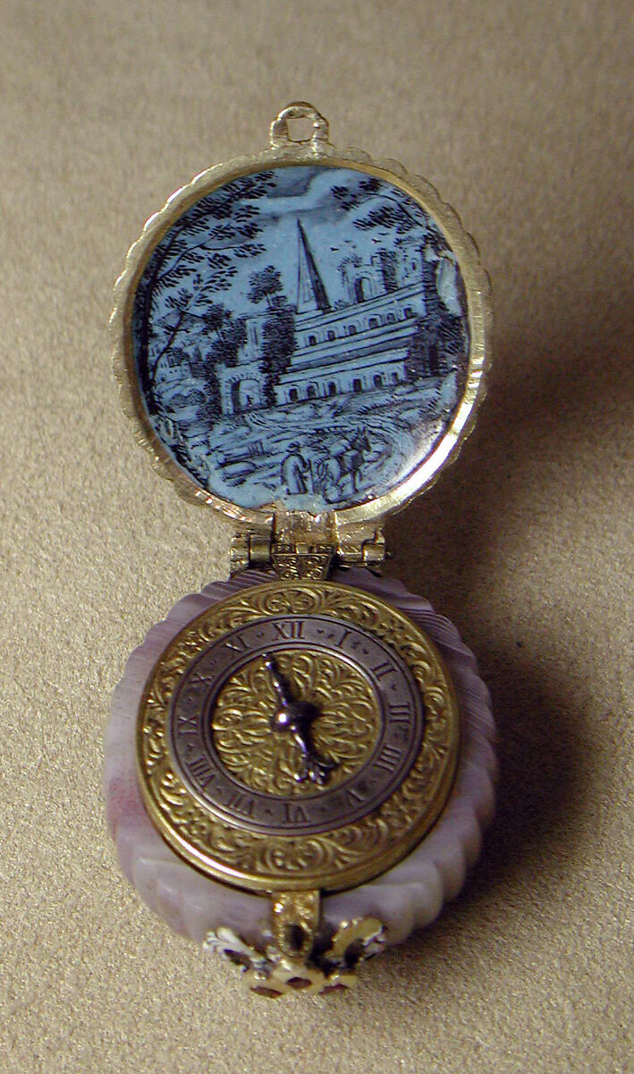 Watch, Watchmaker: Wilhelm Peffenhauser (German, Augsburg, born 1618, master 1647, died before 1683), Case: agate, onyx cameo, with cover of enameled gold set with gemstones (rubies); Dial: engraved gold and silver; Movement: gilded brass and steel, partly blued, German, Augsburg