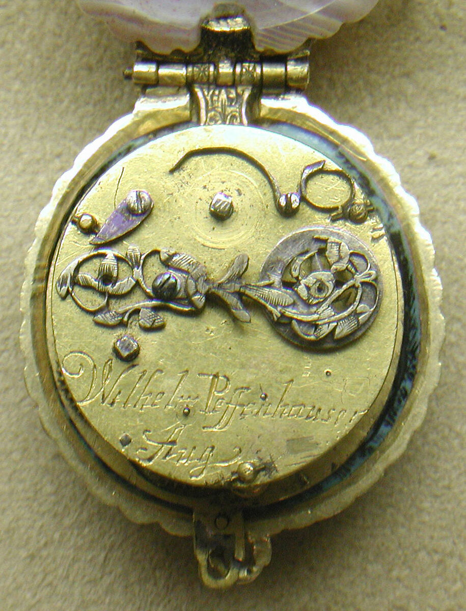 Watch, Watchmaker: Wilhelm Peffenhauser (German, Augsburg, born 1618, master 1647, died before 1683), Case: agate, onyx cameo, with cover of enameled gold set with gemstones (rubies); Dial: engraved gold and silver; Movement: gilded brass and steel, partly blued, German, Augsburg