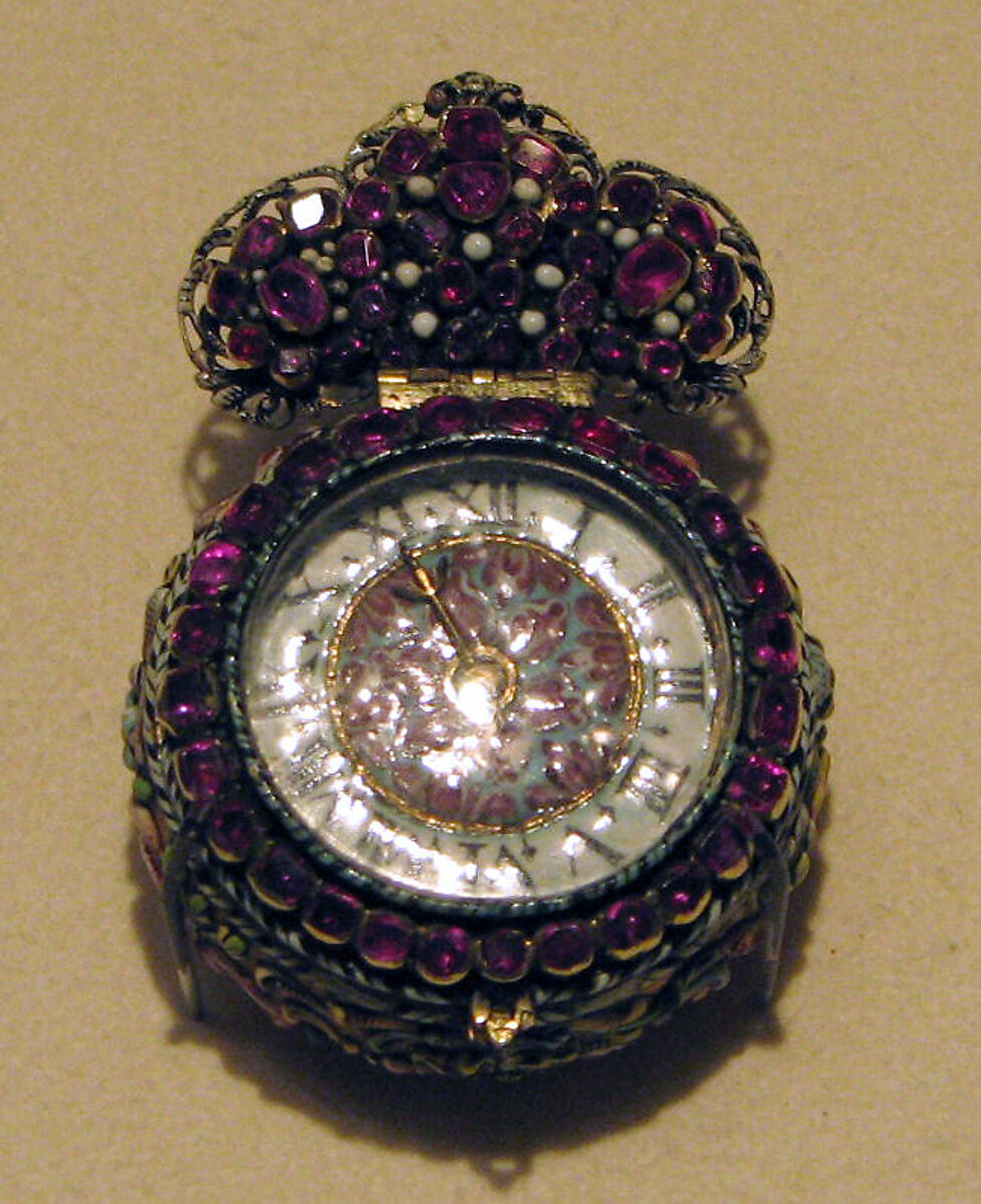 Watch, Watchmaker: Johan Ulrich Schmidt (German, born ca. 1622, master 1648), Case: gold, and painted enamel set with garnets; Movement: gilded brass and steel, partly blued, German, Augsburg 