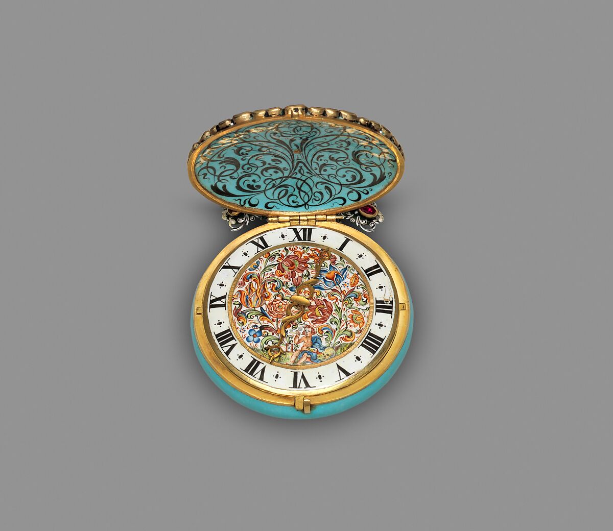 Watch, Watchmaker: Nicolaus Rugendas the Younger (German, 1619–1694/5)  , master 1662, Case and dial: painted and raised enamel on gold, set with gemstones (rubies), with a single hand; Movement: gilded brass and partly blued steel, German, Augsburg
