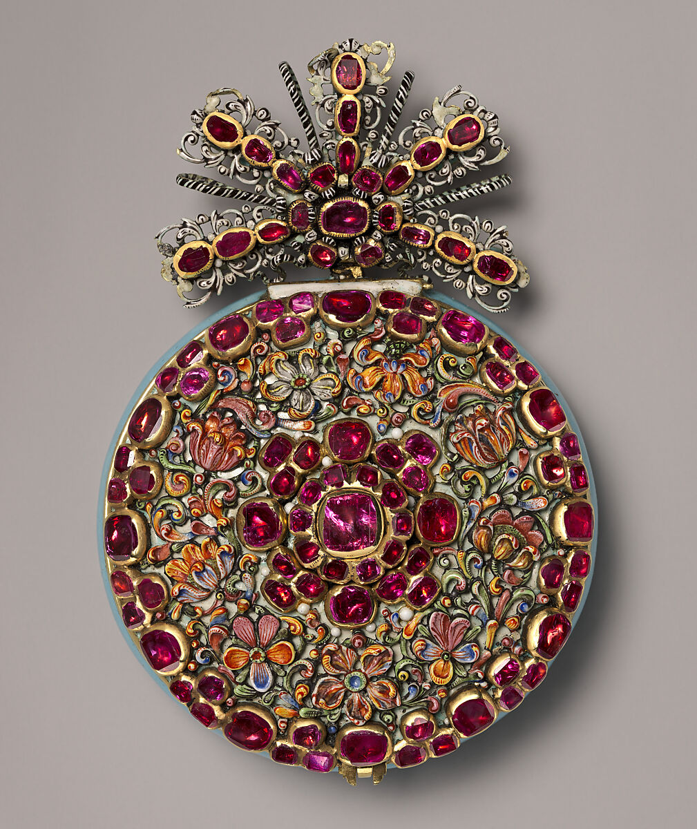 Watch, Watchmaker: Nicolaus Rugendas the Younger (German, 1619–1694/5)  , master 1662, Case and dial: painted and raised enamel on gold, set with gemstones (rubies), with a single hand; Movement: gilded brass and partly blued steel, German, Augsburg 