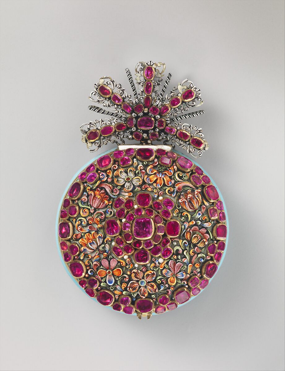Watch, Watchmaker: Nicolaus Rugendas the Younger (German, 1619–1694/5)  , master 1662, Case and dial: painted and raised enamel on gold, set with gemstones (rubies), with a single hand; Movement: gilded brass and partly blued steel, German, Augsburg