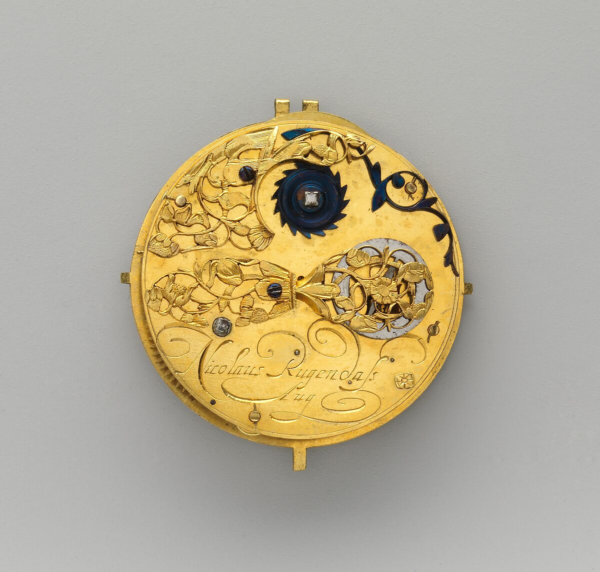 Watch, Watchmaker: Nicolaus Rugendas the Younger (German, 1619–1694/5)  , master 1662, Case and dial: painted and raised enamel on gold, set with gemstones (rubies), with a single hand; Movement: gilded brass and partly blued steel, German, Augsburg