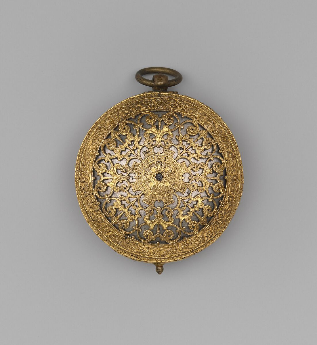 Clock watch, Movement by Michael Nouwen, or Nouen (Flemish, active London, ca. 1600–10, died 1613), Case: gilded brass; Dial: gilded brass with a blued steel hand; Movement: gilded brass and iron, British, London