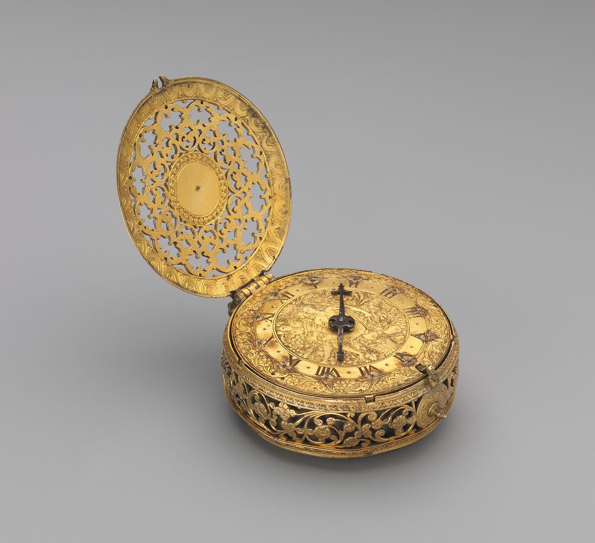 Clock watch, Movement by Michael Nouwen, or Nouen (Flemish, active London, ca. 1600–10, died 1613), Case: gilded brass; Dial: gilded brass with a blued steel hand; Movement: gilded brass and iron, British, London 