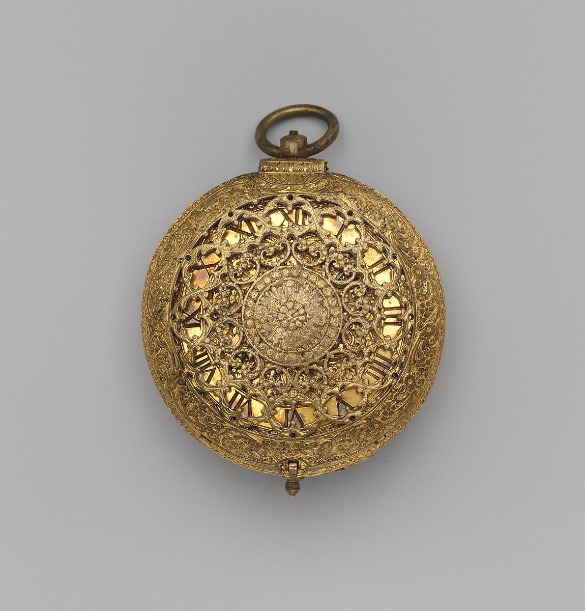 Clock watch, Movement by Michael Nouwen, or Nouen (Flemish, active London, ca. 1600–10, died 1613), Case: gilded brass; Dial: gilded brass with a blued steel hand; Movement: gilded brass and iron, British, London