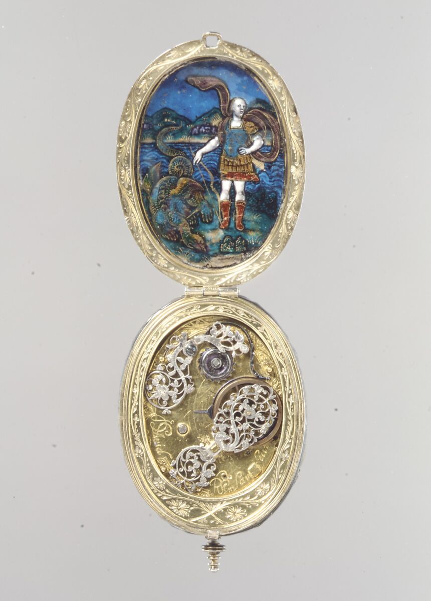 Watch, Watchmaker: David Ramsay (working 1600, died 1660), Case: painted enamel on copper, partly gilt, and silver gilt; Movement: gilded brass, steel, partly blued, and silver, British, probably London