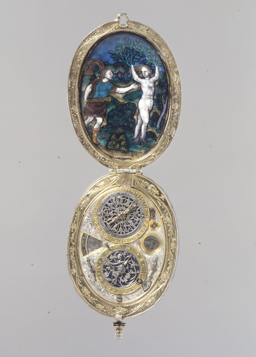 Watch, Watchmaker: David Ramsay (working 1600, died 1660), Case: painted enamel on copper, partly gilt, and silver gilt; Movement: gilded brass, steel, partly blued, and silver, British, probably London