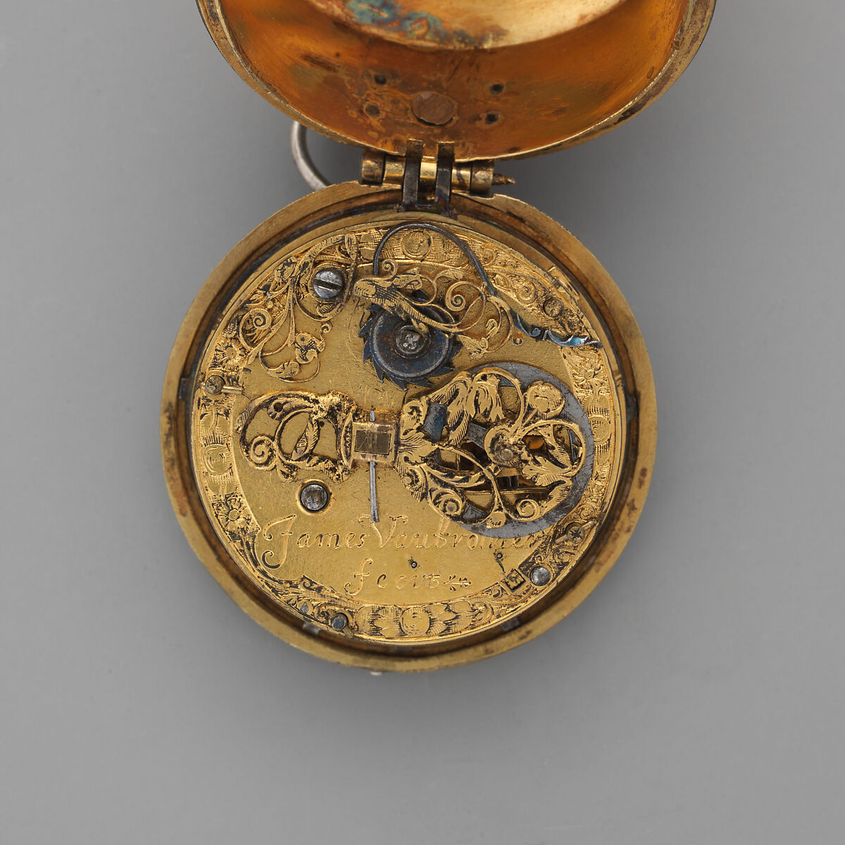 Watch, Movement by James Vautrollier (recorded working 1622–41; Clockmakers' Company 1632), Case: silver, partly gilded, and gilded brass; Movement: gilded brass and steel, partly blued, British, London