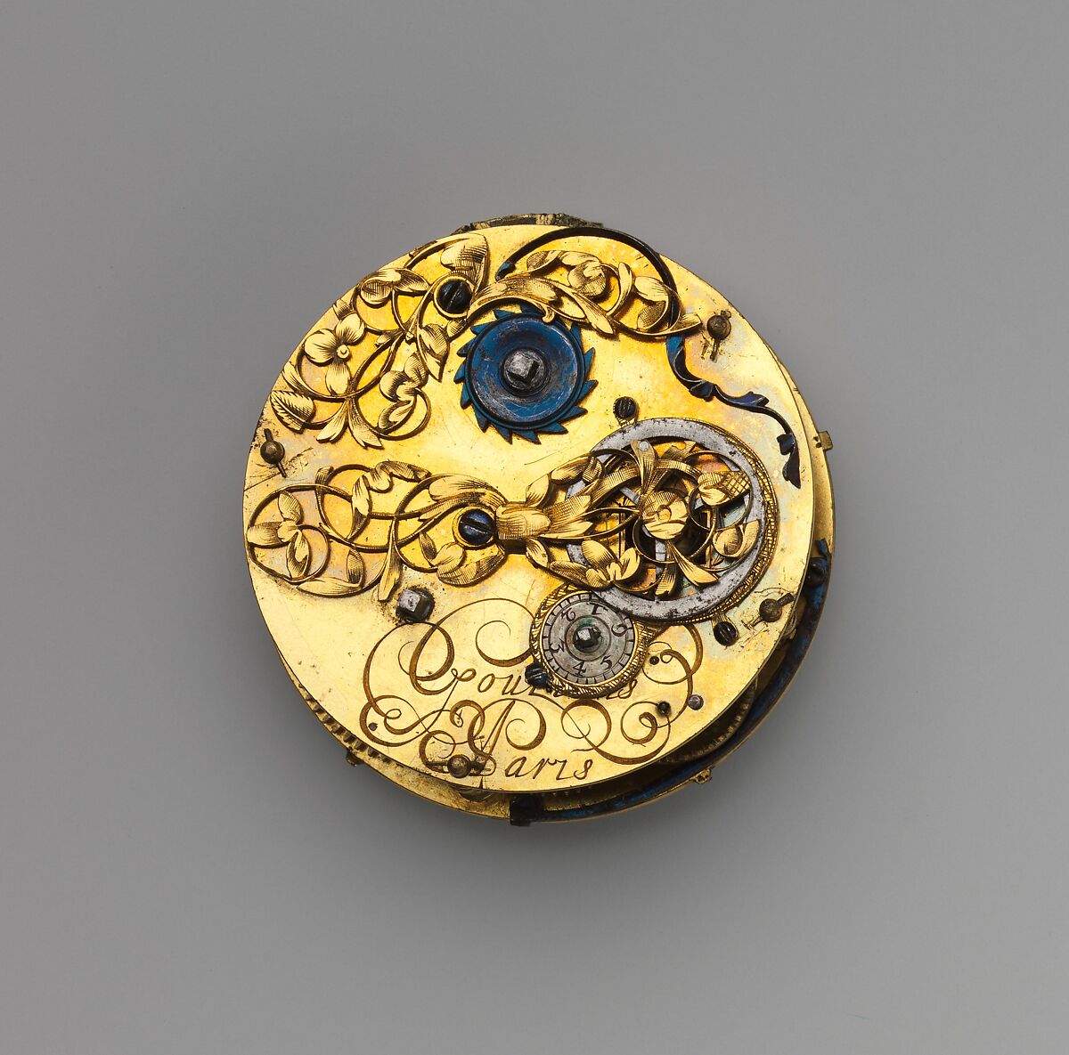 Watch, Watchmaker: Jacques Goullons (French, recorded 1626, active Paris ca. 1640–60, died 1671), Case and dial: painted enamel on gold with brass hand; Movement: gilded brass and partly blued steel, French, probably Paris