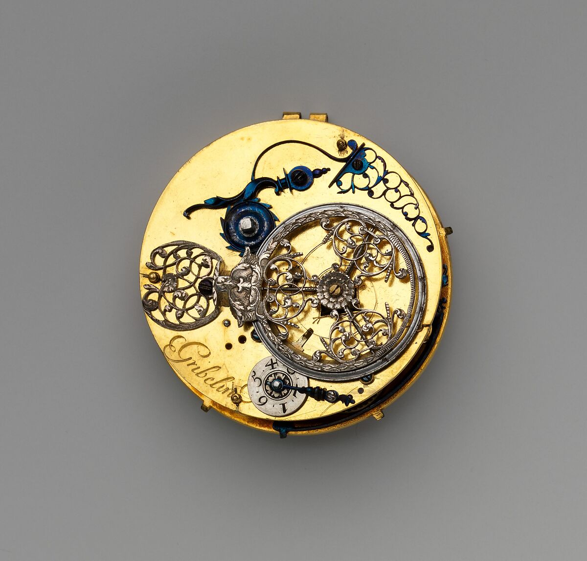 Watch, Watchmaker: Nicolas Gribelin (the Younger?) (French, 1637–1719), Case: enameled gold; Movement: gilded brass, steel, partly blued, and silver, French, Paris movement with possibly Blois case