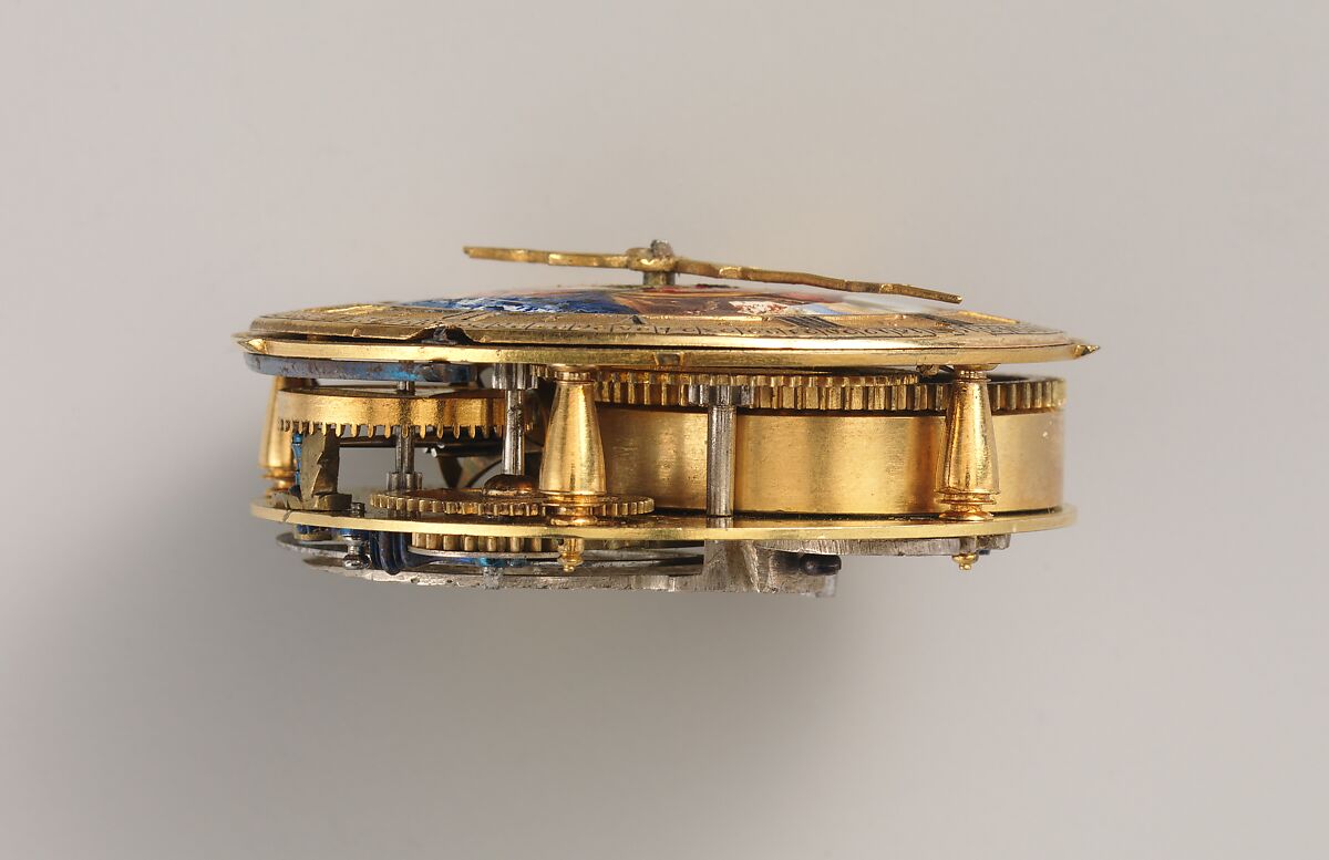 Watch, Watchmaker: Nicolas Gribelin (the Younger?) (French, 1637–1719), Case: enameled gold; Movement: gilded brass, steel, partly blued, and silver, French, Paris movement with possibly Blois case