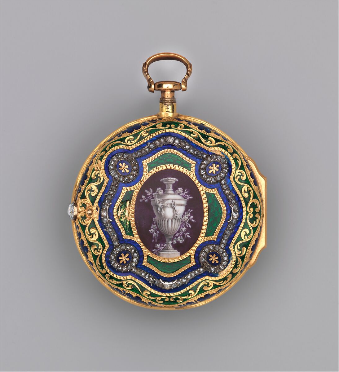Watch case, Case maker: possibly George Harrison (British, active beginning 1760), Partly enameled gold, outer case set with diamonds, French, for Turkish market 