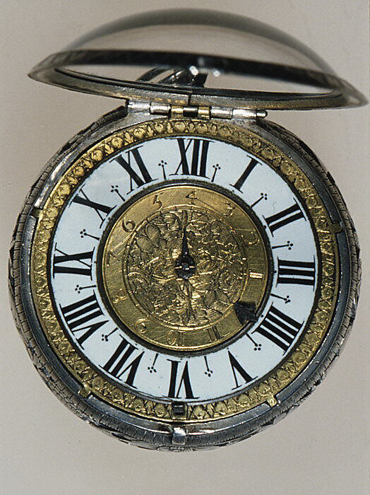 Watch with alarm, Watchmaker: Abraham Cusin (active 1651–82) (movement), Pierced silver case, dial of gilt brass and painted enamel, French, Corbigny