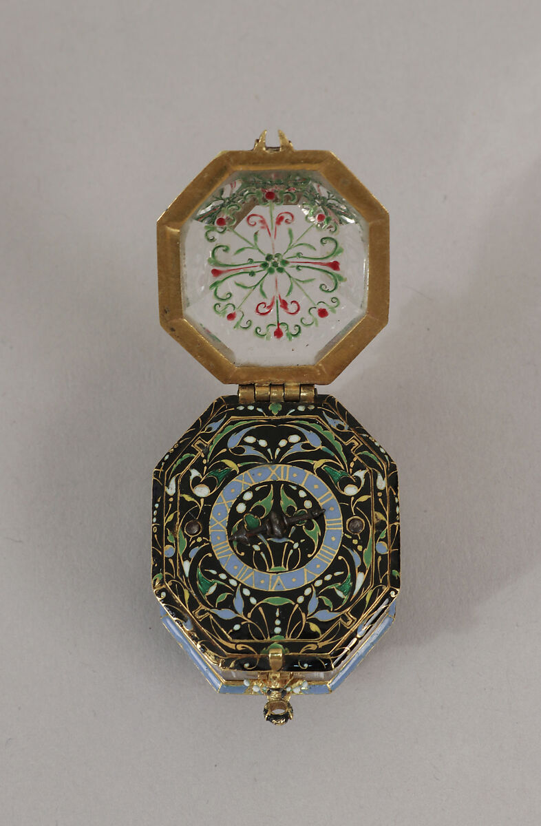 Watch, Watchmaker: Pierre Vernede (active Agen, ca. 1630–40), Case: rock crystal and enameled gold mounts; Dial: gold, champlevé enamel, and painted enamel; Movement: gilded brass and partly blued steel, French 