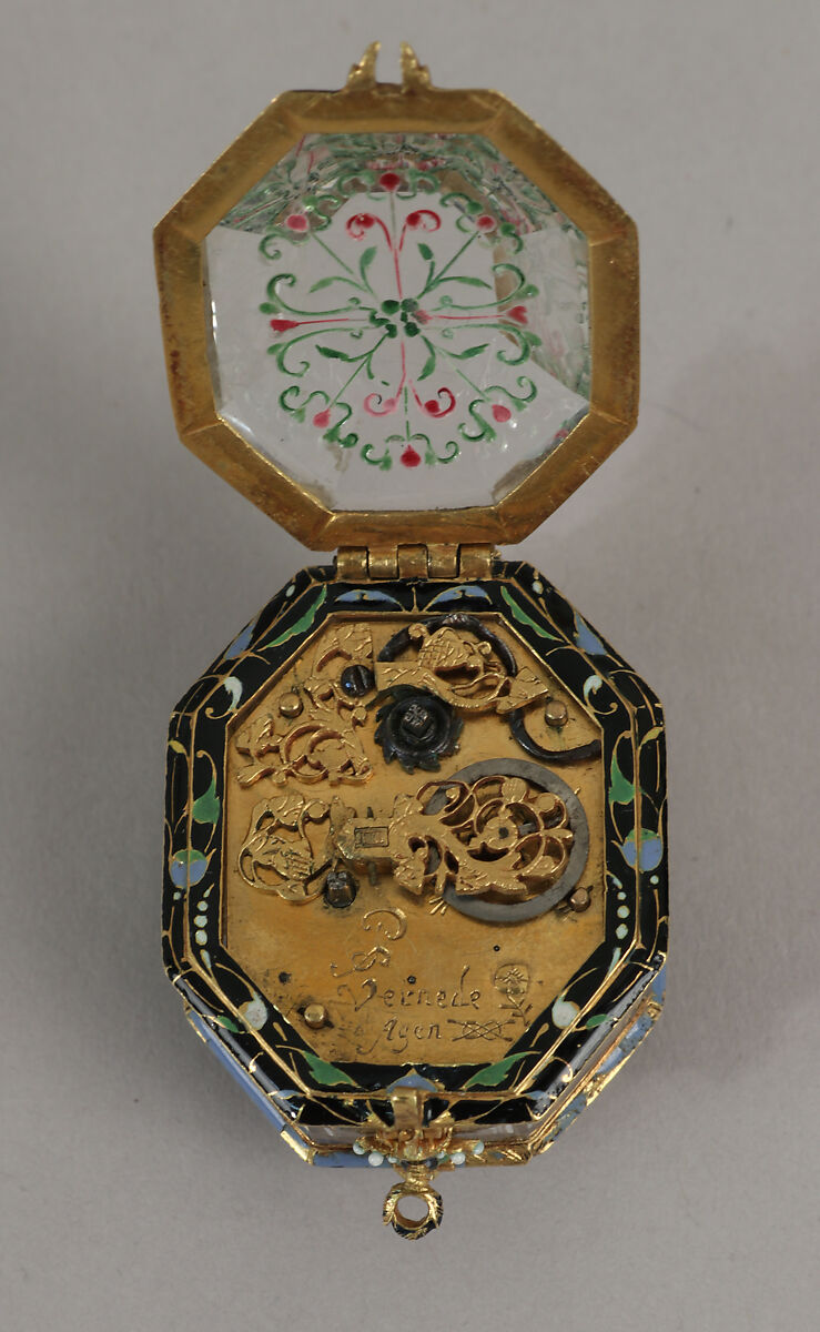 Watch, Watchmaker: Pierre Vernede (active Agen, ca. 1630–40), Case: rock crystal and enameled gold mounts; Dial: gold, champlevé enamel, and painted enamel; Movement: gilded brass and partly blued steel, French, Agen