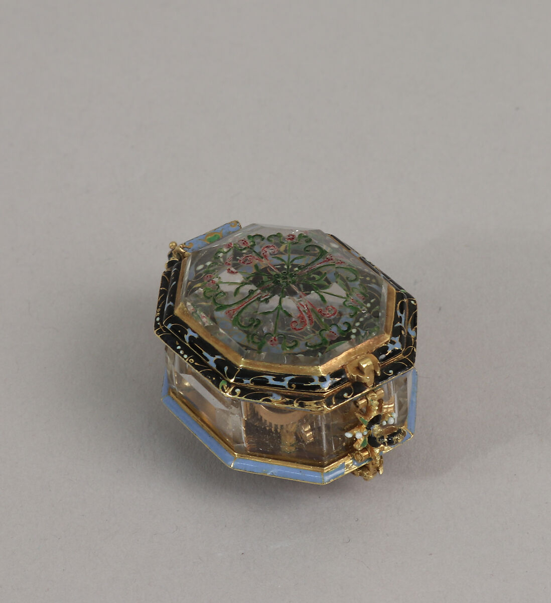 Watch, Watchmaker: Pierre Vernede (active Agen, ca. 1630–40), Case: rock crystal and enameled gold mounts; Dial: gold, champlevé enamel, and painted enamel; Movement: gilded brass and partly blued steel, French, Agen