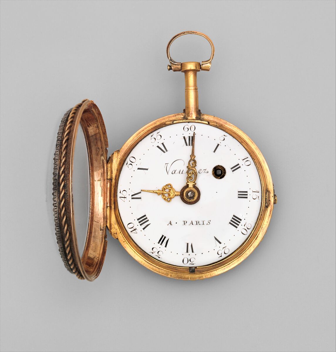 Watch, Watchmaker: Daniel Vauchez (French, born 1716, active 1767–90), Case: partly enameled gold set with pearls, gold bezel with diamonds set in silver; Dial: white enamel with openwork brass hands; Movement: brass and steel, Swiss, Geneva,  for French market
