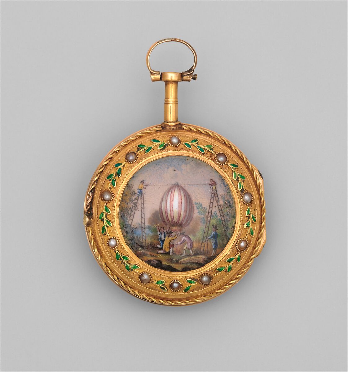Watch, Watchmaker: Daniel Vauchez (French, born 1716, active 1767–90), Case: partly enameled gold set with pearls, gold bezel with diamonds set in silver; Dial: white enamel with openwork brass hands; Movement: brass and steel, French, Paris 