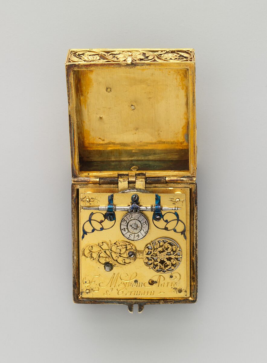 Watch, Watchmaker: F. L. Meybom (active ca. 1650–80), Case: gold, blued steel, rock crystal, partly gilded silver, and diamonds; Dial: painted enamel and basse-taille enamel on gold; Movement: gilded brass, partly blued steel, and silver, French, Paris