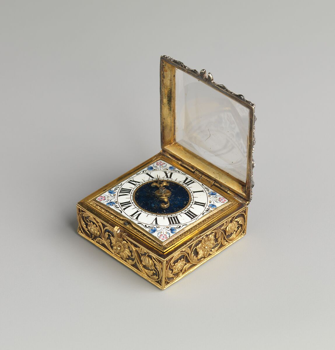 Watch, Watchmaker: F. L. Meybom (active ca. 1650–80), Case: gold, blued steel, rock crystal, partly gilded silver, and diamonds; Dial: painted enamel and basse-taille enamel on gold; Movement: gilded brass, partly blued steel, and silver, French, Paris
