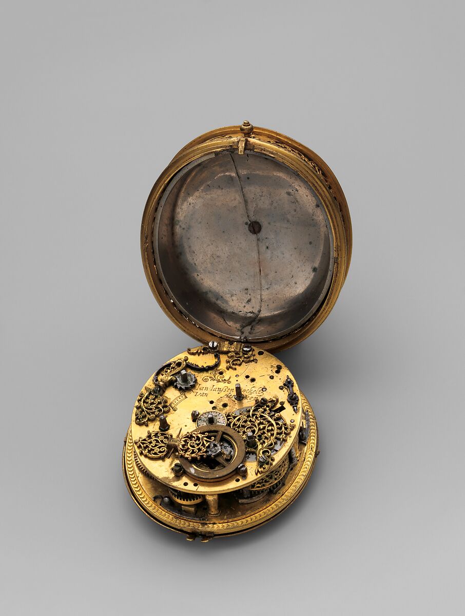 Clock watch with astronomical dial and sundial, Watchmaker: Jan Jansen Bockeltz (Dutch, active ca. 1590, died 1626), Case: gilded brass; Dial: gilded brass, silver, and copper; Movement: gilded brass, partly blued steel, and silver, Dutch, Haarlem