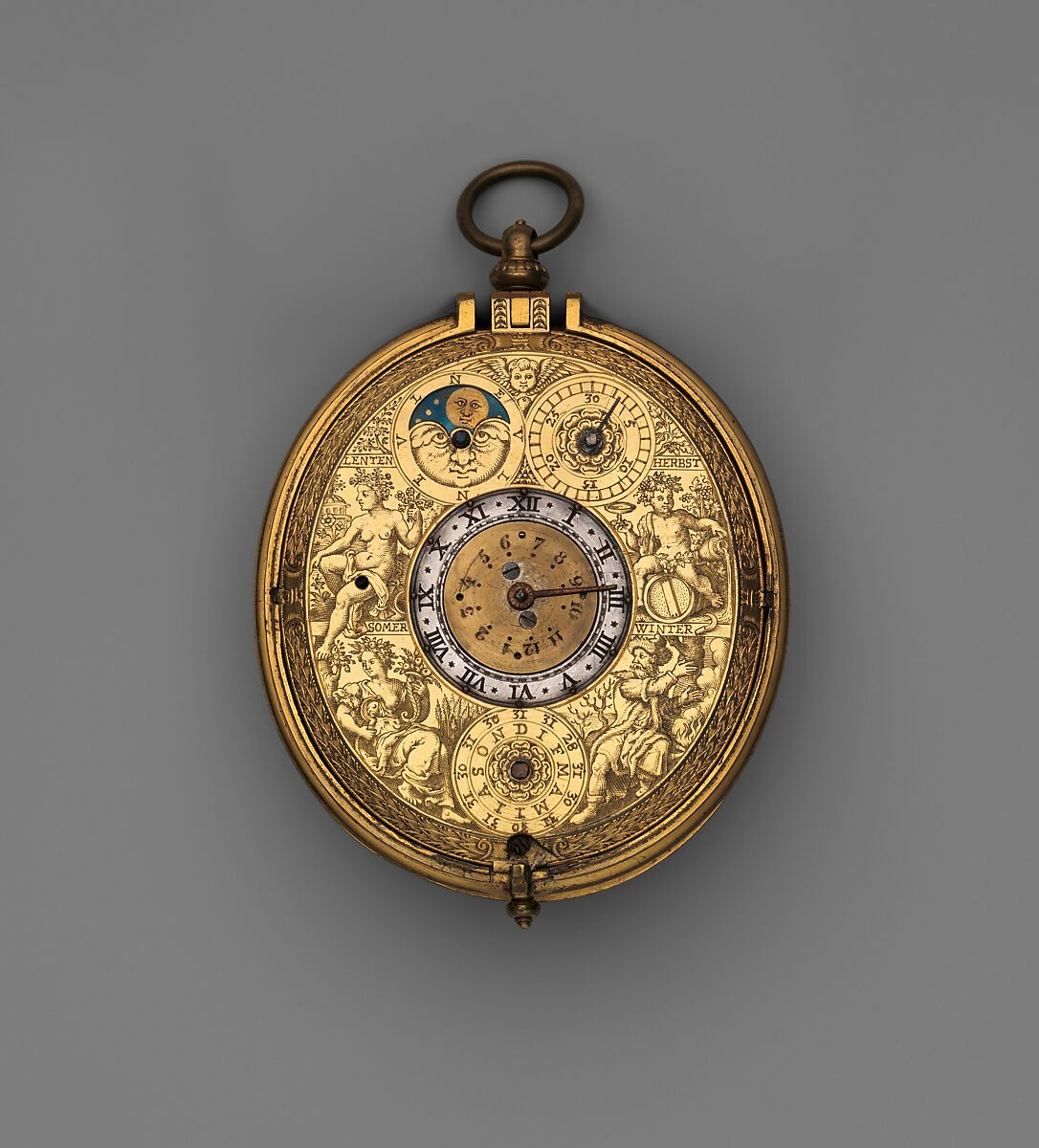 Clock watch with astronomical dial and sundial, Watchmaker: Jan Jansen Bockeltz (Dutch, active ca. 1590, died 1626), Case: gilded brass; Dial: gilded brass, silver, and copper; Movement: gilded brass, partly blued steel, and silver, Dutch, Haarlem