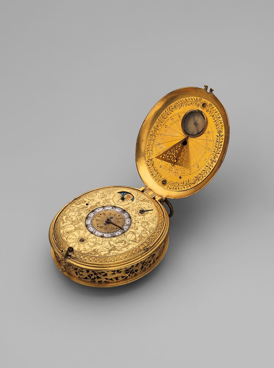 Clock-watch with sundial, Watchmaker: Jan Jansen Bockeltz (Dutch, active ca. 1590, died 1626), Case: gilded brass; Dial: gilded brass, silver, and copper; Movement: gilded brass, partly blued steel, and silver, Dutch, Haarlem 