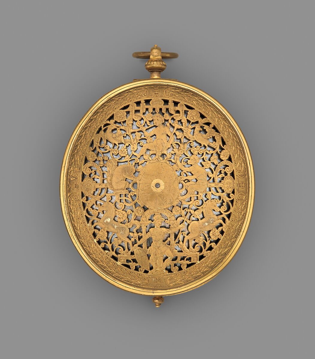 Clock watch with astronomical dial and sundial, Watchmaker: Jan Jansen Bockeltz (Dutch, active ca. 1590, died 1626), Case: gilded brass; Dial: gilded brass, silver, and copper; Movement: gilded brass, partly blued steel, and silver, Dutch, Haarlem