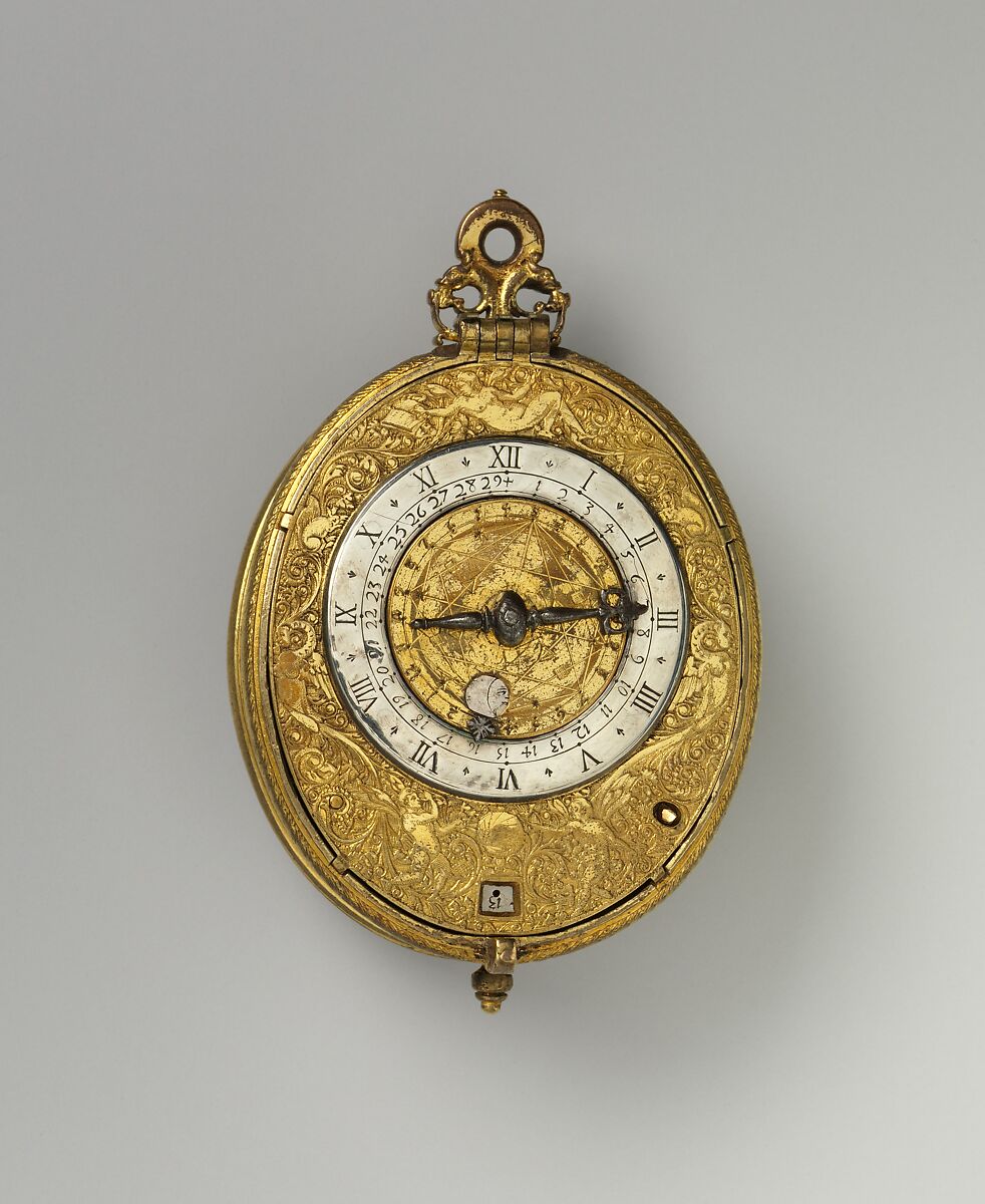Clock-watch with alarm and calendar, Watchmaker: Nicolas Forfaict (French, Paris, ca. 1580–1615), Movement: gilded breass and steel, partly blued; case and dial: brass, silvered brass, silver; hand: steel, French, Paris