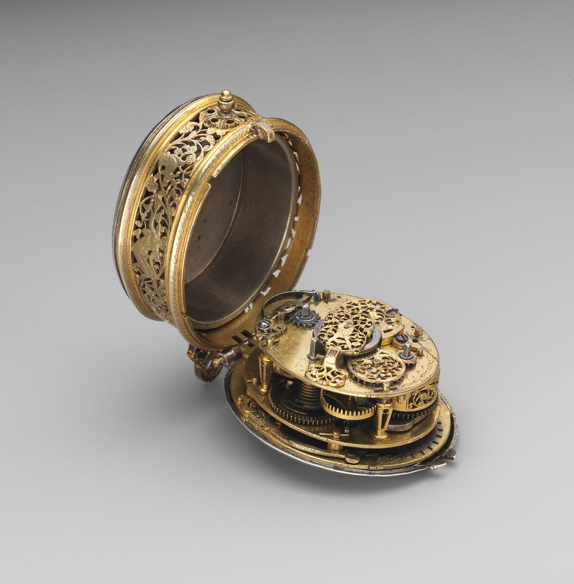 Clock-watch with alarm and calendar, Watchmaker: Nicolas Forfaict (French, Paris, ca. 1580–1615), Movement: gilded breass and steel, partly blued; case and dial: brass, silvered brass, silver; hand: steel, French, Paris