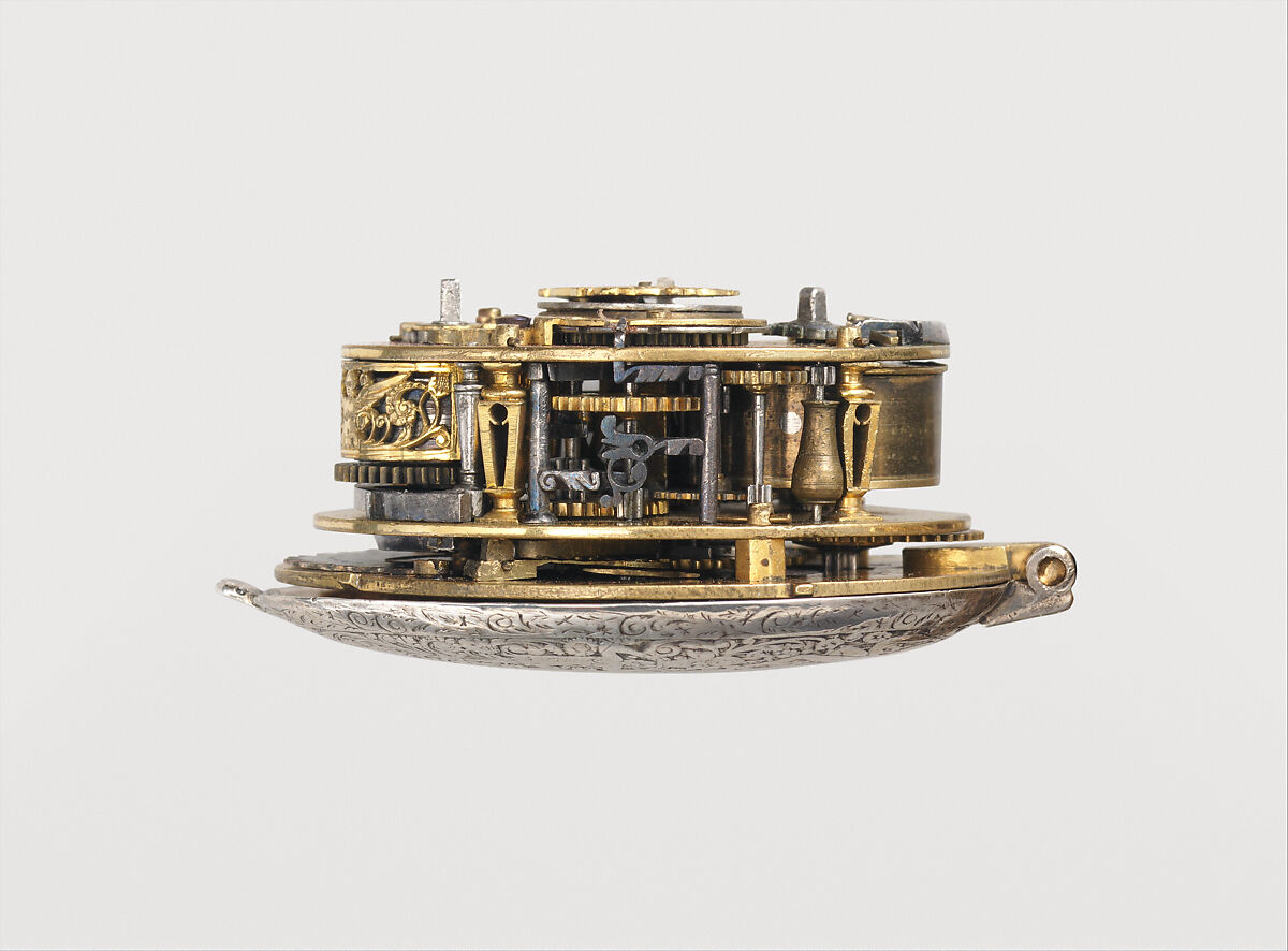 Clock-watch with alarm and calendar, Watchmaker: Nicolas Forfaict (French, Paris, ca. 1580–1615), Movement: gilded breass and steel, partly blued; case and dial: brass, silvered brass, silver; hand: steel, French, Paris