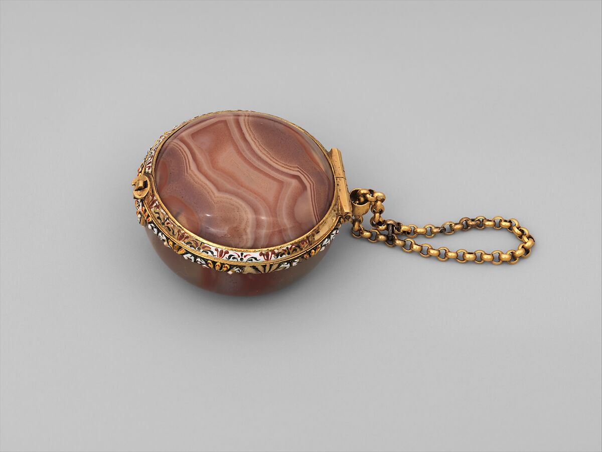 Watch, Watchmaker: Charles Bobinet (Swiss, Chastelrault, France 1610–1678 Geneva), Case: agate with enameled golt mounts; Dial: white enamel with gold hand; Movement: gilded brass and partly blued steel, Swiss, Geneva