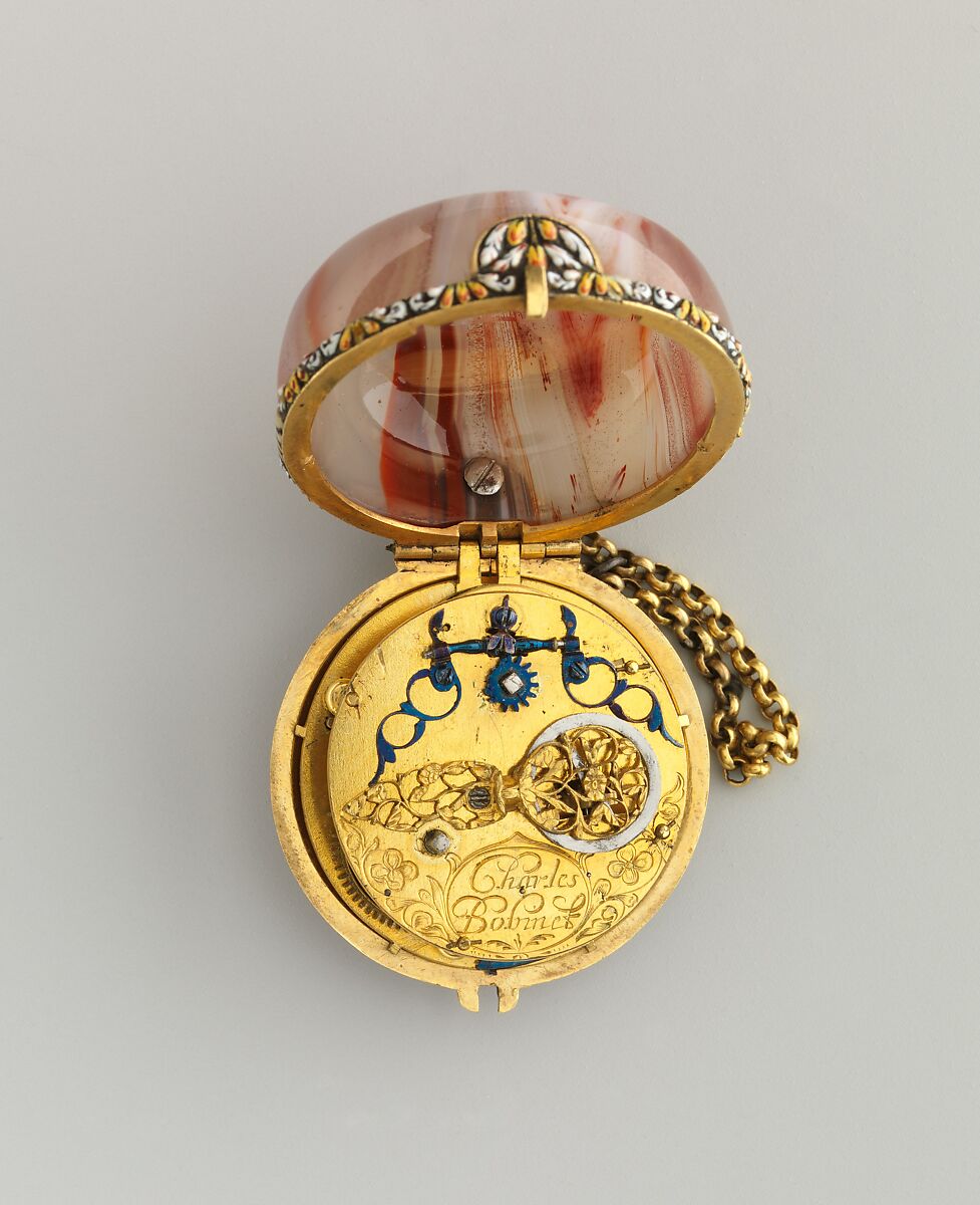 Watch, Watchmaker: Charles Bobinet (Swiss, Chastelrault, France 1610–1678 Geneva), Case: agate with enameled golt mounts; Dial: white enamel with gold hand; Movement: gilded brass and partly blued steel, Swiss, Geneva