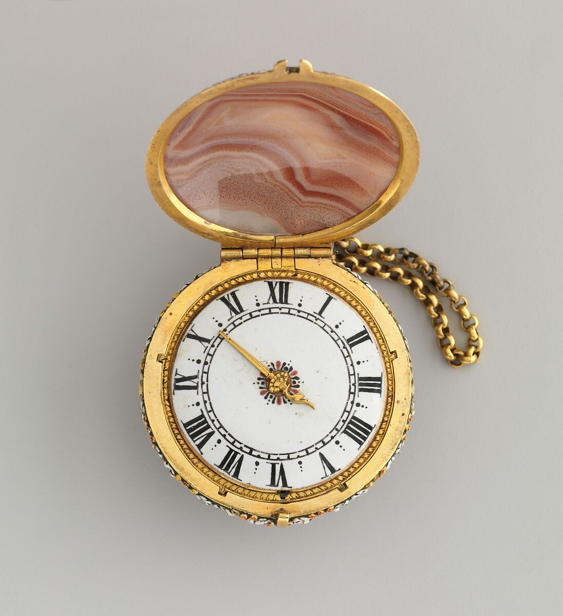 Watch, Watchmaker: Charles Bobinet (Swiss, 1610–1678), Case: agate with enameled golt mounts; Dial: white enamel with gold hand; Movement: gilded brass and partly blued steel, Swiss, Geneva 