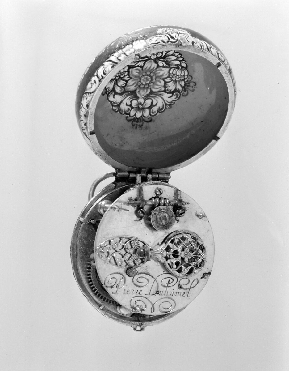 Watch, Watchmaker: Pierre Duhamel (1630–1686), Case: painted enamel on gold; Movement: gilded brass and steel, partly blued, Swiss, Geneva