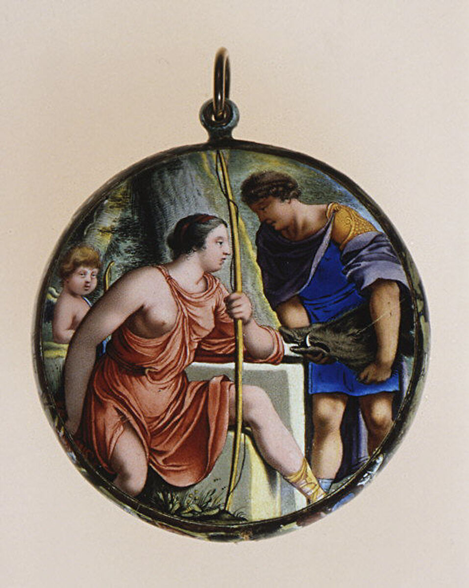 Hunt of the Caledonian Boar, Auguste Bretoneau (master 1638–43), Gold, painted enamel, French, Paris or Blois