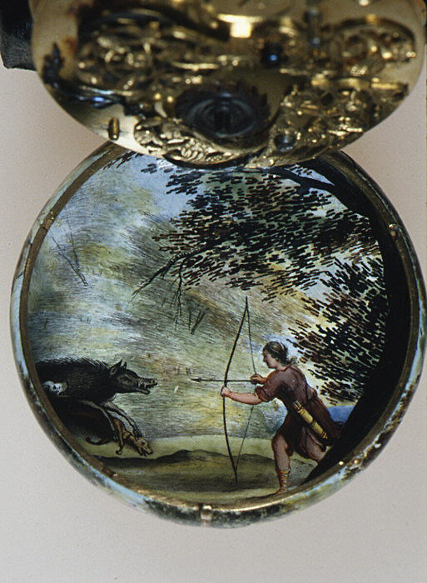 Hunt of the Caledonian Boar, Auguste Bretoneau (master 1638–43), Gold, painted enamel, French, Paris or Blois