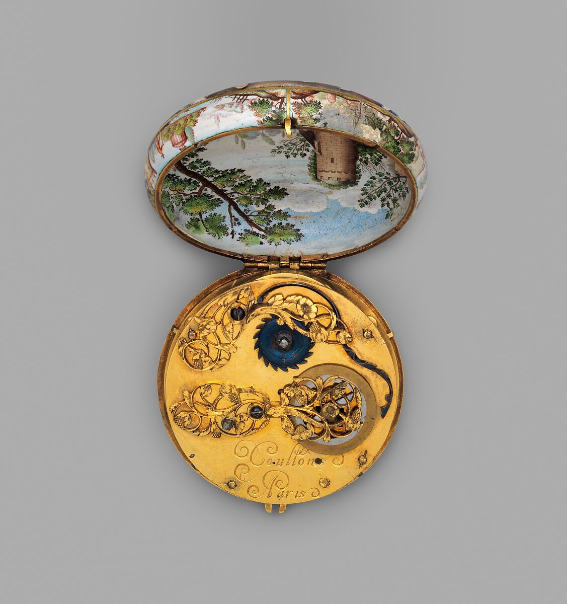 Watch, Watchmaker: Jacques Goullons (French, recorded 1626, active Paris ca. 1640–60, died 1671), Case and dial: painted enamel on gold; Movement: gilded brass and steel, partly blued, French, Paris or Blois