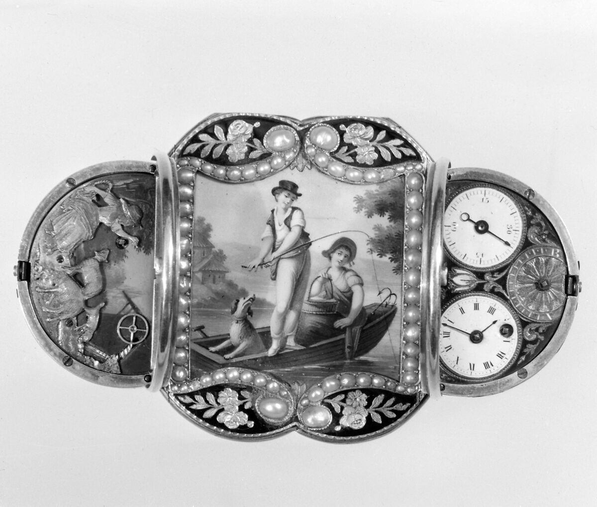 Box with watch and automaton, Gold, enamel, pearls, Swiss