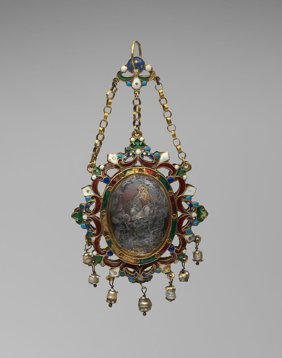 Pendant, Gold, verre eglomisé, enamel, pearls, Italian, Sicily