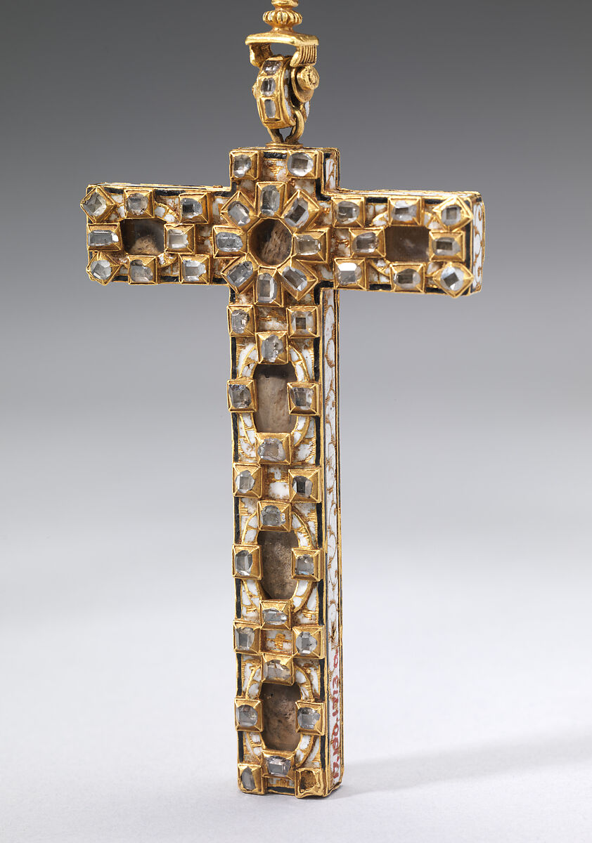 Reliquary cross and chain, Gold, diamonds, enamel, Spanish